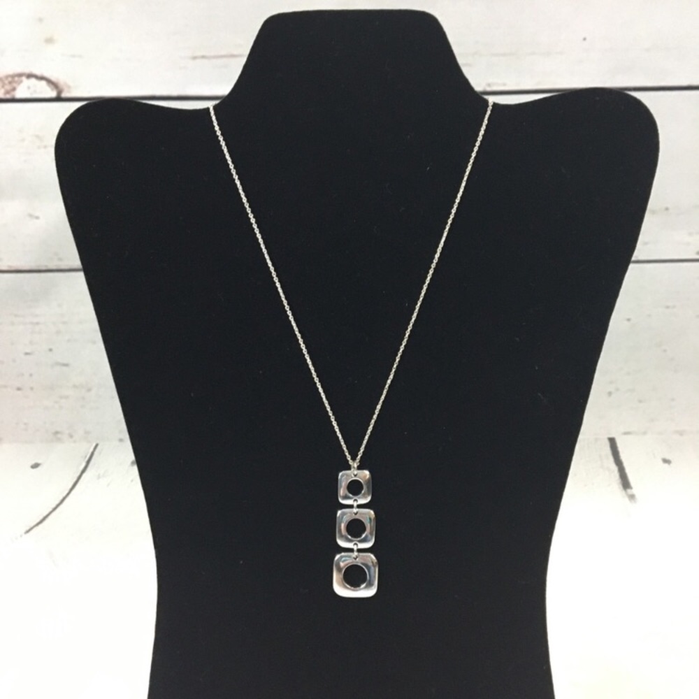 Liz Claiborne Cushion Square Triple Drop Pendant Necklace Silver Tone